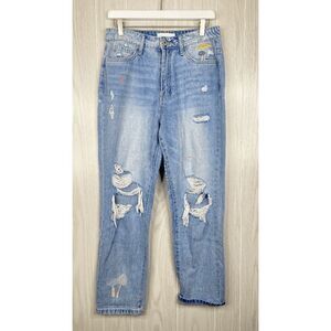 Vervet Denim High Rise Distressed Knee Hole Straight Jeans Blue Womens Size 28